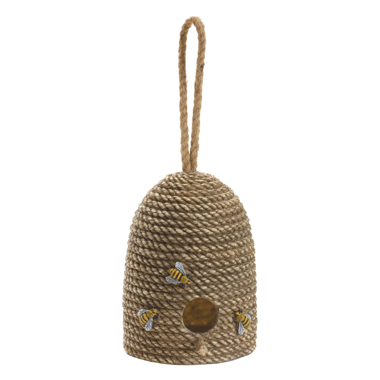 8.5" Hanging Bee Hive Bird House with Rope Accent